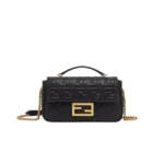 Baguette Chain Midi Black nappa leather bag with FF motif