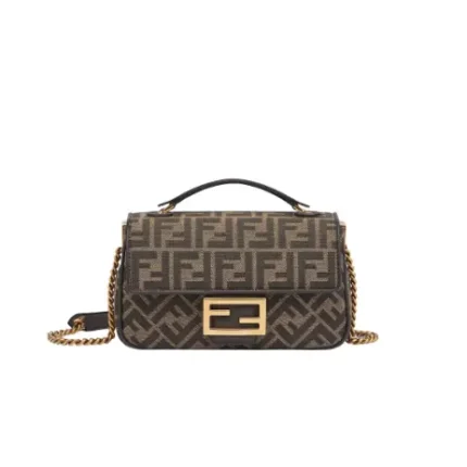 Baguette Chain Midi Brown FF jacquard fabric bag