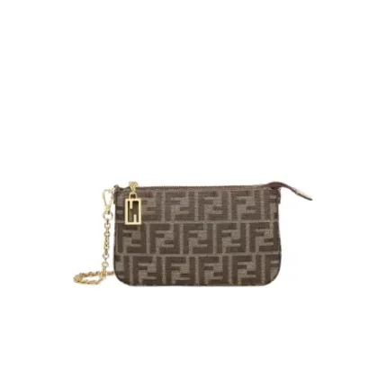 Baguette Pouch Brown jacquard FF fabric clutch with chain