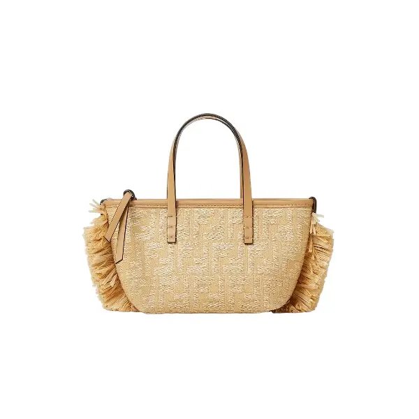 Mini Roll Jacquard fabric mini-bag with raffia FF Mini Roll Jacquard fabric mini-bag with raffia FF