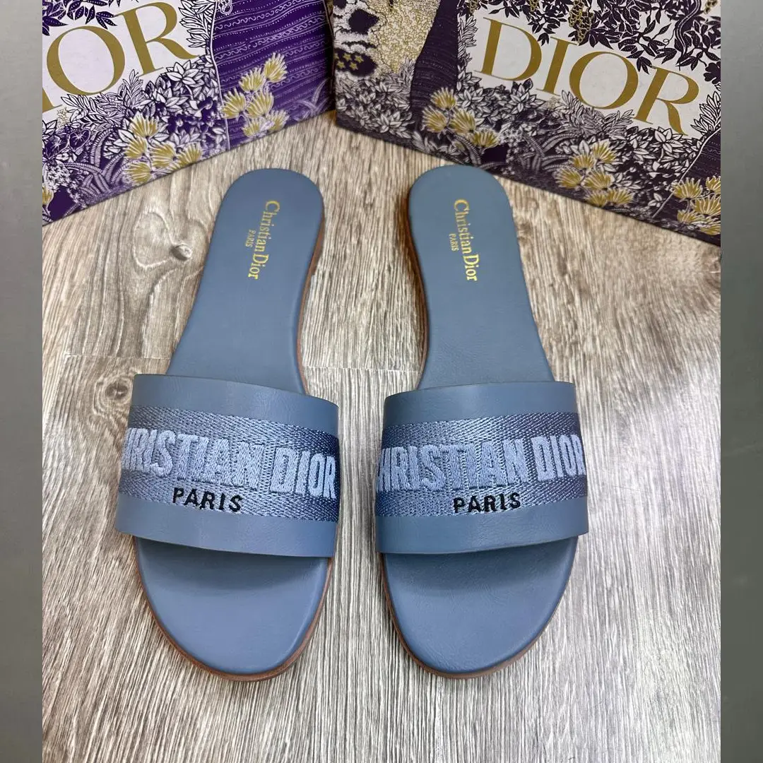 Dior Dway Slides – Blue-Grey Cotton Band with Embroidered Christian Dior Paris in Dubai UAE Dior Dway Slides – Blue-Grey Cotton Band with Embroidered Christian Dior Paris in Dubai UAE