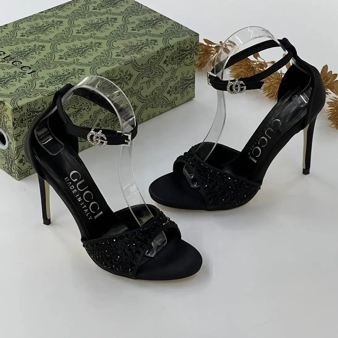 Gucci Black High-Heeled Sandals – Stiletto Heels with Clear Ankle Strap & Embellished Toe in Dubai UAE