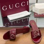 Gucci Marmont Dark Red Patent Leather Slide Sandals with Gold Double G Emblem in Dubai UAE