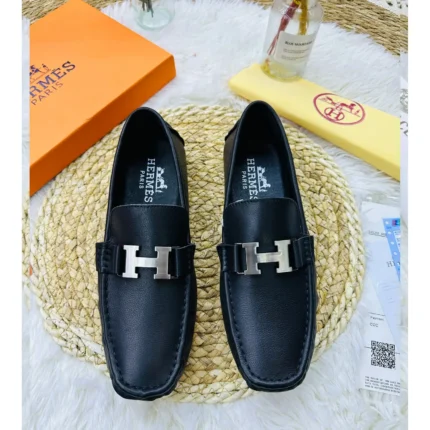 Hermès Men’s Black Leather Loafers – Timeless Elegance with Signature "H" Emblem in Dubai UAE