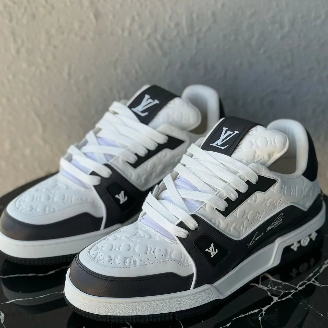 Louis Vuitton LV Trainer Sneakers – #54 Noir Blanc with Monogram White Leather & Black Accents in Dubai UAE