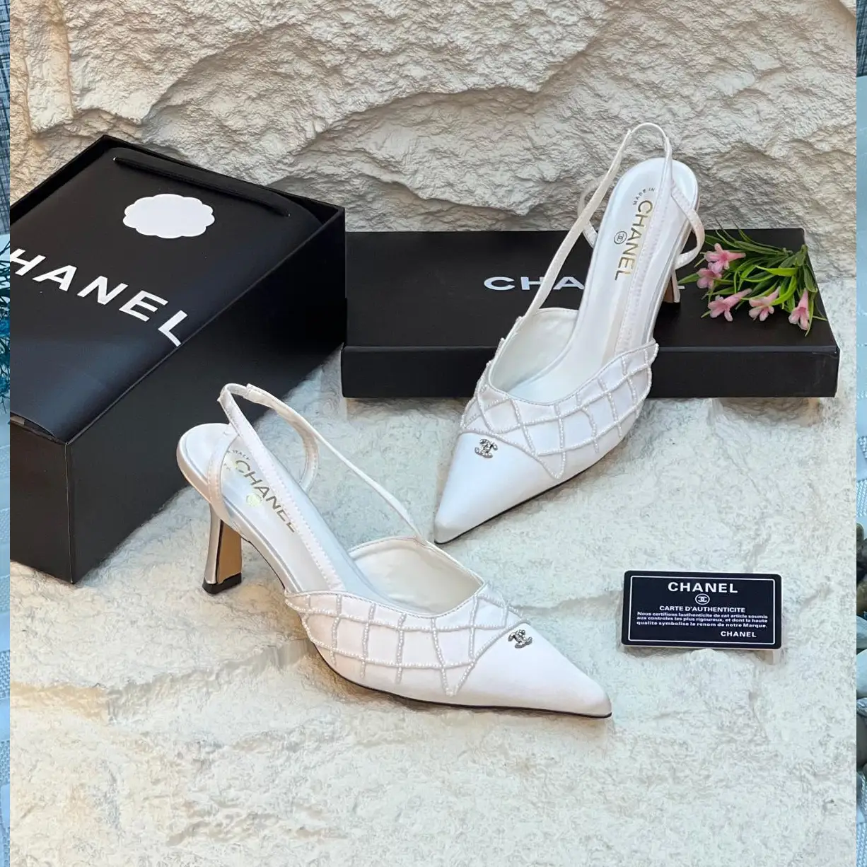 White Chanel Woven Slingback Heels – Elegant Designer Heels with Iconic Logo in Dubai UAE