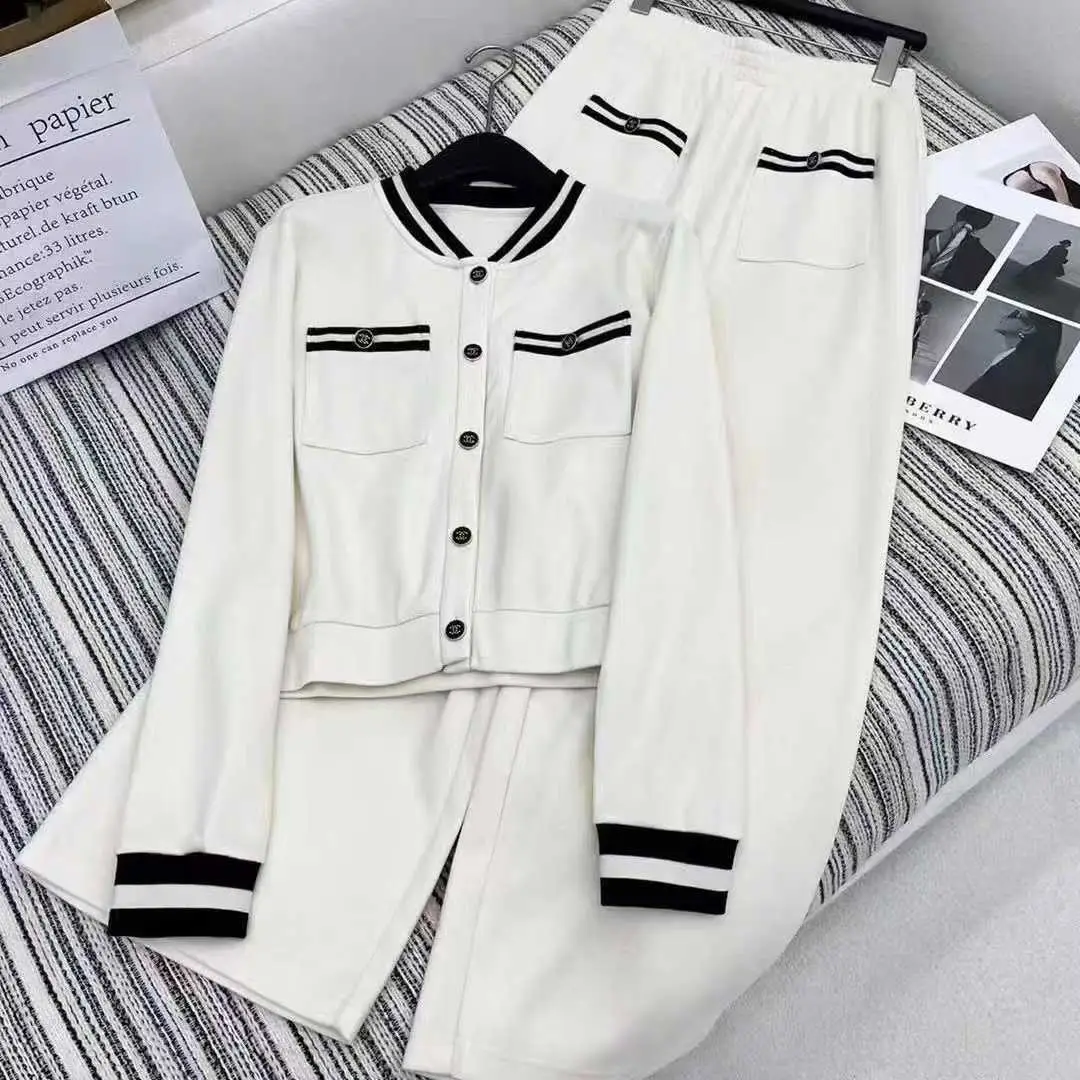 Women’s Elegant Striped Crew Neck Sweater & Wide-Leg Pants Set – Casual Office Two-Piece Outfit