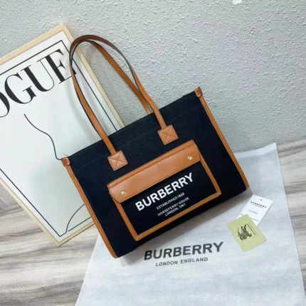 Burberry Horseferry London Tote Bag – Black Canvas & Brown Leather in Dubai UAE