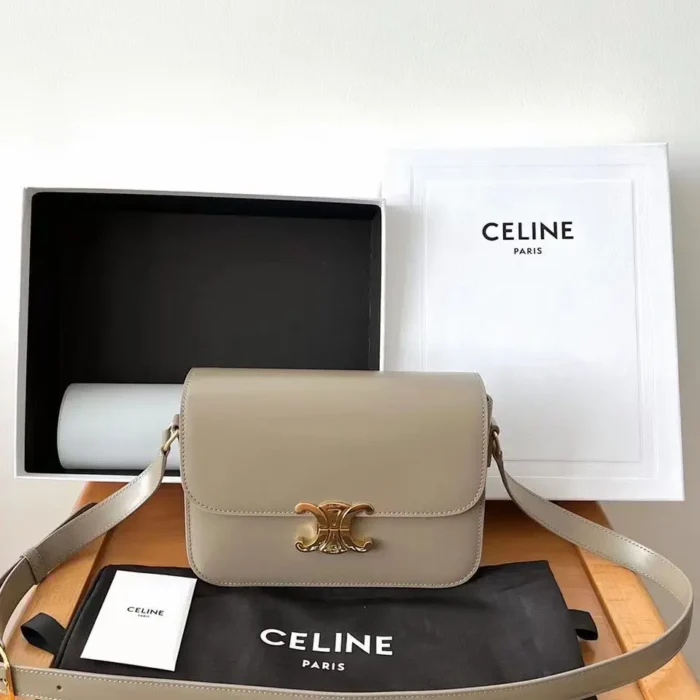 Celine Triomphe Bag in Shiny Calfskin – Elegant Neutral-Tone Icon with Signature Clasp in Dubai UAE