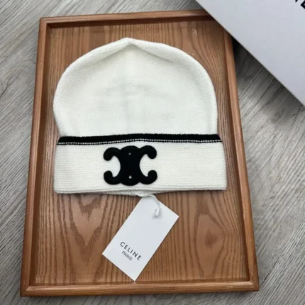Celine White Knitted Beanie Hat with Black Triomphe Logo – Luxury Winter Accessory in Dubai UAE