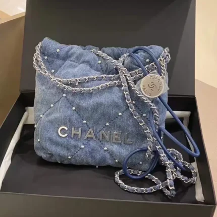 Chanel 22 Mini Denim Quilted Stud Bag – Iconic Multi-Way Designer Handbag in Dubai UAE