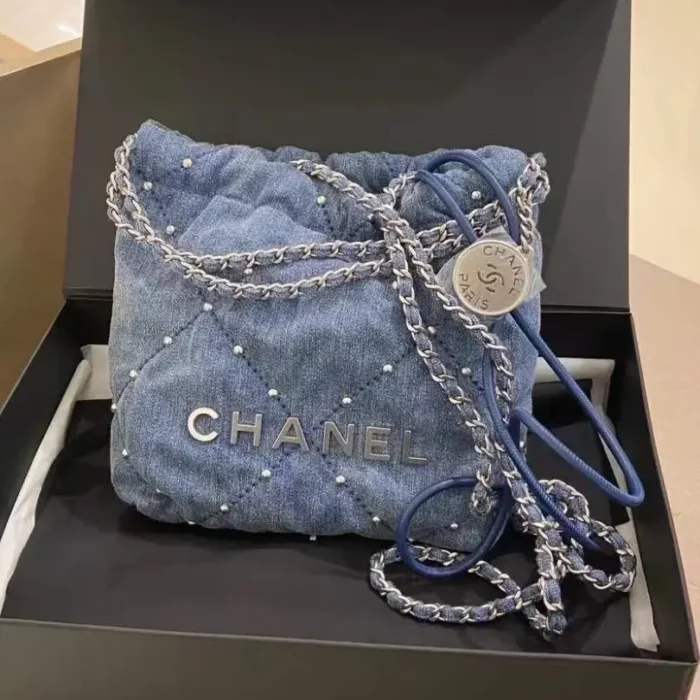 Chanel 22 Mini Denim Quilted Stud Bag – Iconic Multi-Way Designer Handbag in Dubai UAE