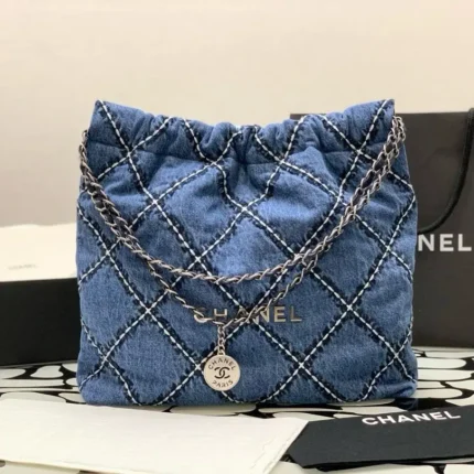 Chanel 22 Small Denim Bag – Quilted Drawstring Handbag with Silver Chain Strap in Dubai UAE