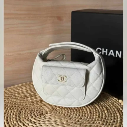 Chanel 23B Mini Hula Hoop Crescent Bag 18 – White Caviar Leather with silver Clasp in Dubai UAE