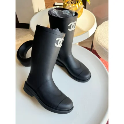 Chanel Caoutchouc CC Rubber Rain Boots – Black Pull-On Waterproof Boots with White CC Logo in Dubai UAE