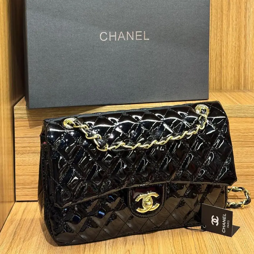 Chanel Classic Flap Bag in Black Patent Leather in Dubai UAE Chanel Classic Flap Bag in Black Patent Leather in Dubai UAE