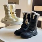 Dior Snow Boots – High-Top Velcro Strap Boots with Faux Fur Lining in Black & Beige in Dubai UAE