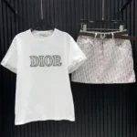 Dior Two-Piece Outfit – White Logo T-Shirt & Patterned Mini Skirt Set in Dubai UAE