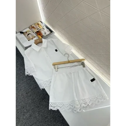 Elegant White Two-Piece Lace Trim Summer Set – Top & Shorts Ensemble in Dubai UAE
