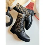 Fendi Rockoko Knit Leather Combat Boots – Black Leather & Logo Knit with Sock-Style Collar in Dubai UAE