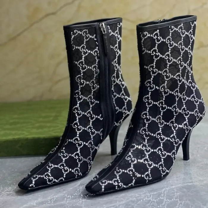 Gucci 85mm GG-Motif Embellished Mesh Ankle Boots – Luxury Women’s Designer Heels in Dubai UAE