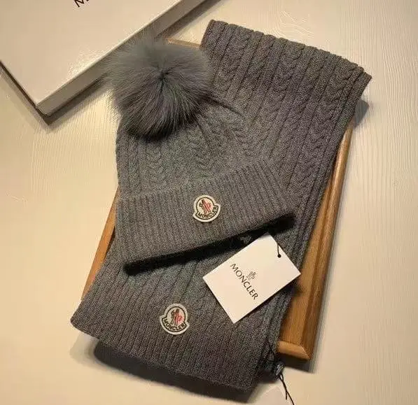 Moncler Logo Wool Hat & Scarf Set – Luxury Knitted Winter Accessory with Pom-Pom in Dubai UAE