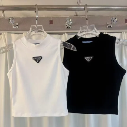 Prada Ribbed Knit Jersey Tank Tops – Slim Fit Scoop Neck with Signature Triangle Logo in Dubai UAE
